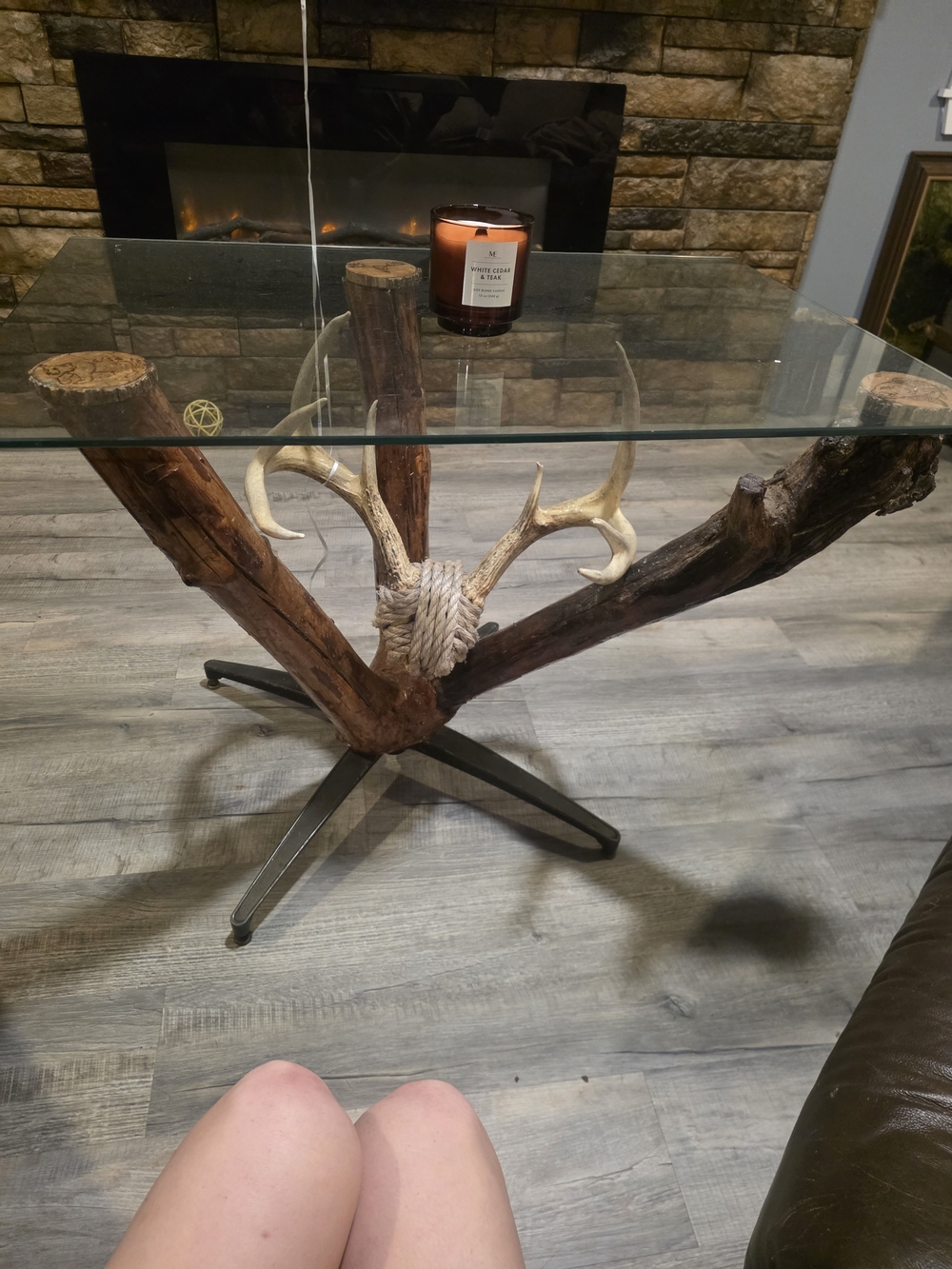 Rustic Antler Glass Top Accent Table - Brown